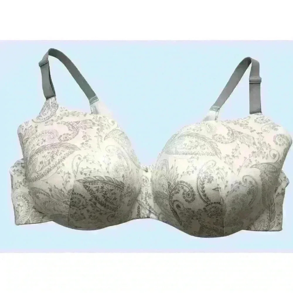 Cacique 46DD Lightly Lined Balconette bra underwired white with gray paisley